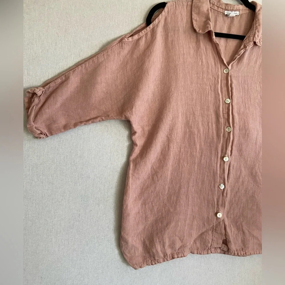 Saks Fifth Avenue Womens Button  Up Linen Cold Shoulder Blouse Blush Pink Sz L - Picture 5 of 11